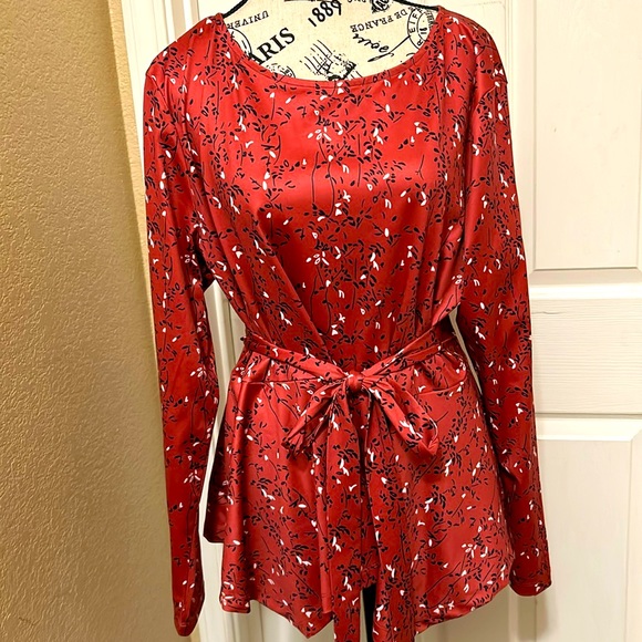 Allegra K Maroon/dusty rose floral peplum with tie wrap shirt - Picture 1 of 8